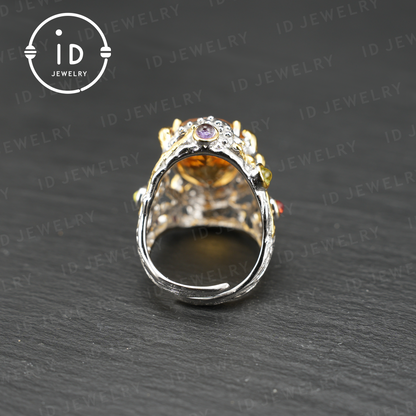Natürlicher Citrin Ring | Vintage Boho Edelstein Ring | Handgefertigter Schmuck | Luxuriöser Statement Ring | Künstlerisches Design | Geschenk für Sie 