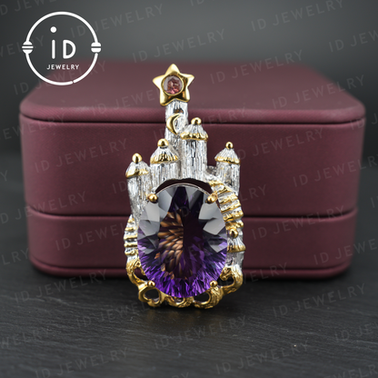 Fairy Tale Amethyst Brooch| Vintage Castle Pendant| Handmade Gemstone Jewelry| Gold-Plated Statement Brooch| Royal Jewelry Gift for Women