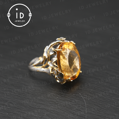 Floraler Citrin Ring | Vintage Boho Edelstein Ring | Handgefertigter Schmuck | Vergoldeter Statement Ring | Künstlerisches Design | Geschenk für Sie 