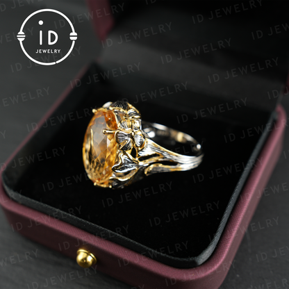 Floraler Citrin Ring | Vintage Boho Edelstein Ring | Handgefertigter Schmuck | Vergoldeter Statement Ring | Künstlerisches Design | Geschenk für Sie 