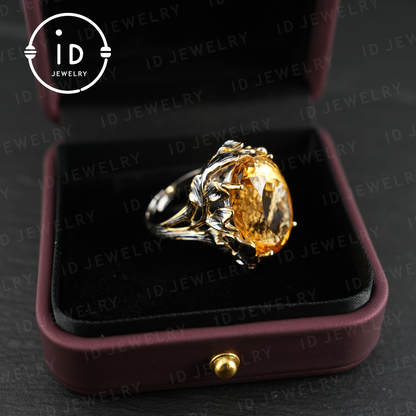 Floraler Citrin Ring | Vintage Boho Edelstein Ring | Handgefertigter Schmuck | Vergoldeter Statement Ring | Künstlerisches Design | Geschenk für Sie 