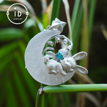 Blue Topaz Bunny and Moon Pendant in 925 Sterling Silver, Fairytale Animal Necklace for Women, Gift for Her Birthday or Mother's Day