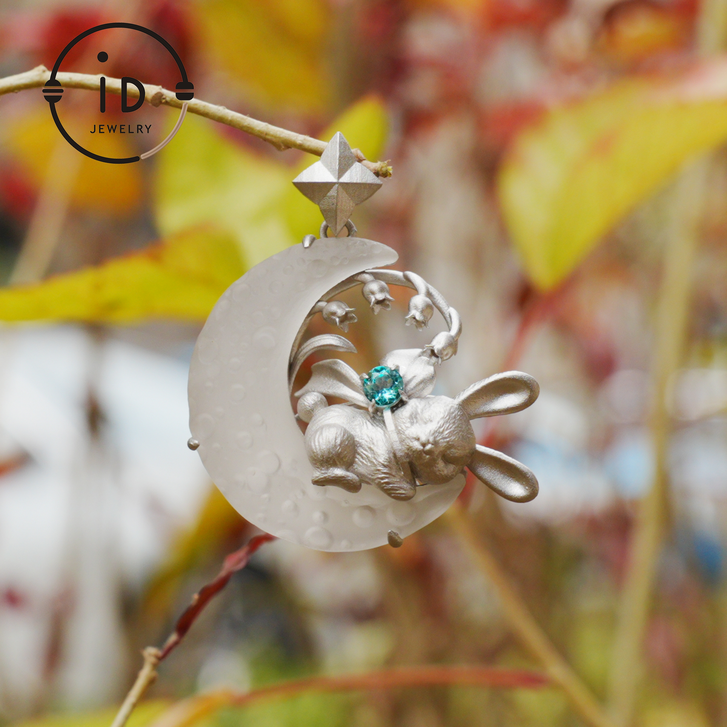 Blue Topaz Bunny and Moon Pendant in 925 Sterling Silver, Fairytale Animal Necklace for Women, Gift for Her Birthday or Mother's Day