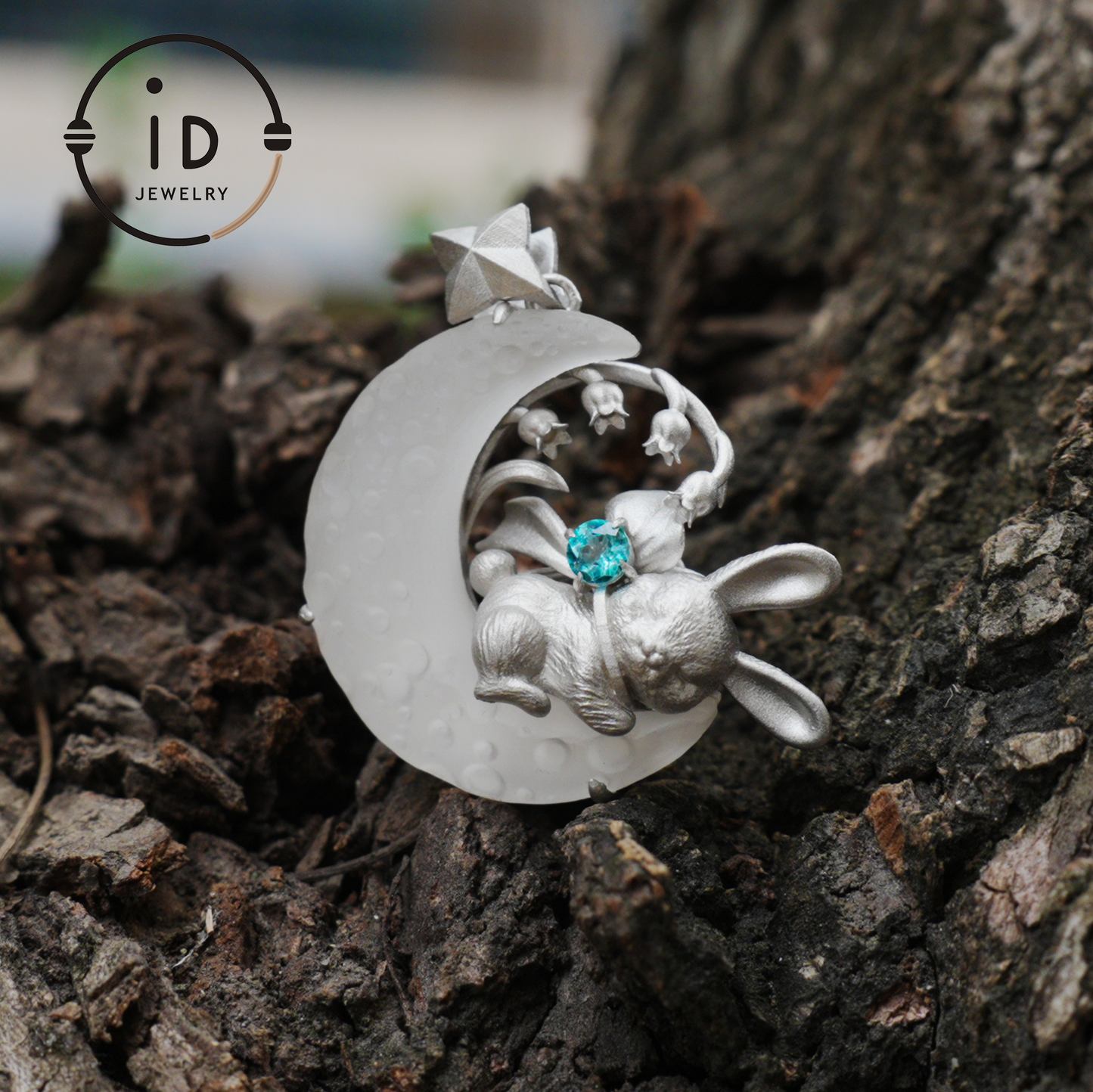 Blue Topaz Bunny and Moon Pendant in 925 Sterling Silver, Fairytale Animal Necklace for Women, Gift for Her Birthday or Mother's Day