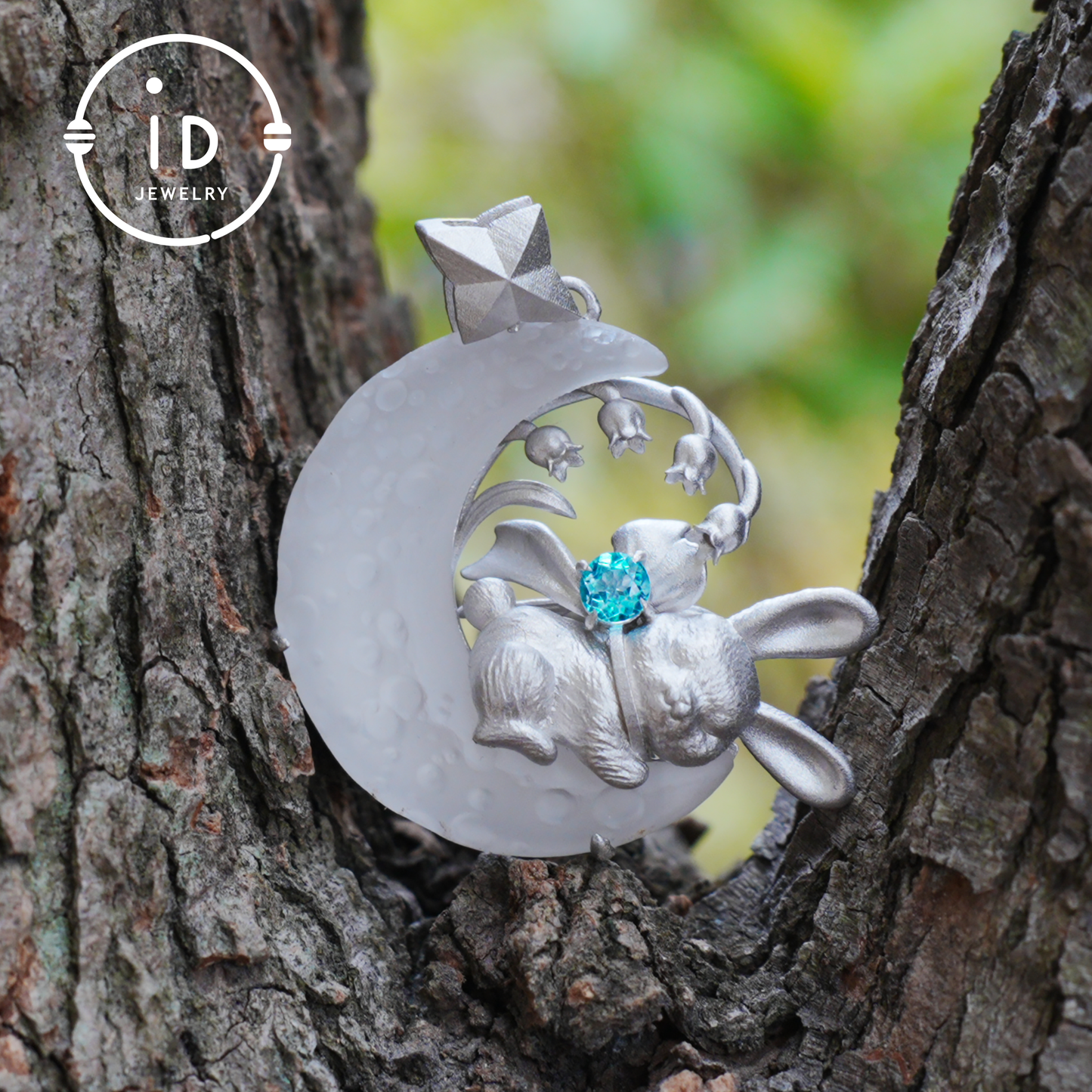 Blue Topaz Bunny and Moon Pendant in 925 Sterling Silver, Fairytale Animal Necklace for Women, Gift for Her Birthday or Mother's Day