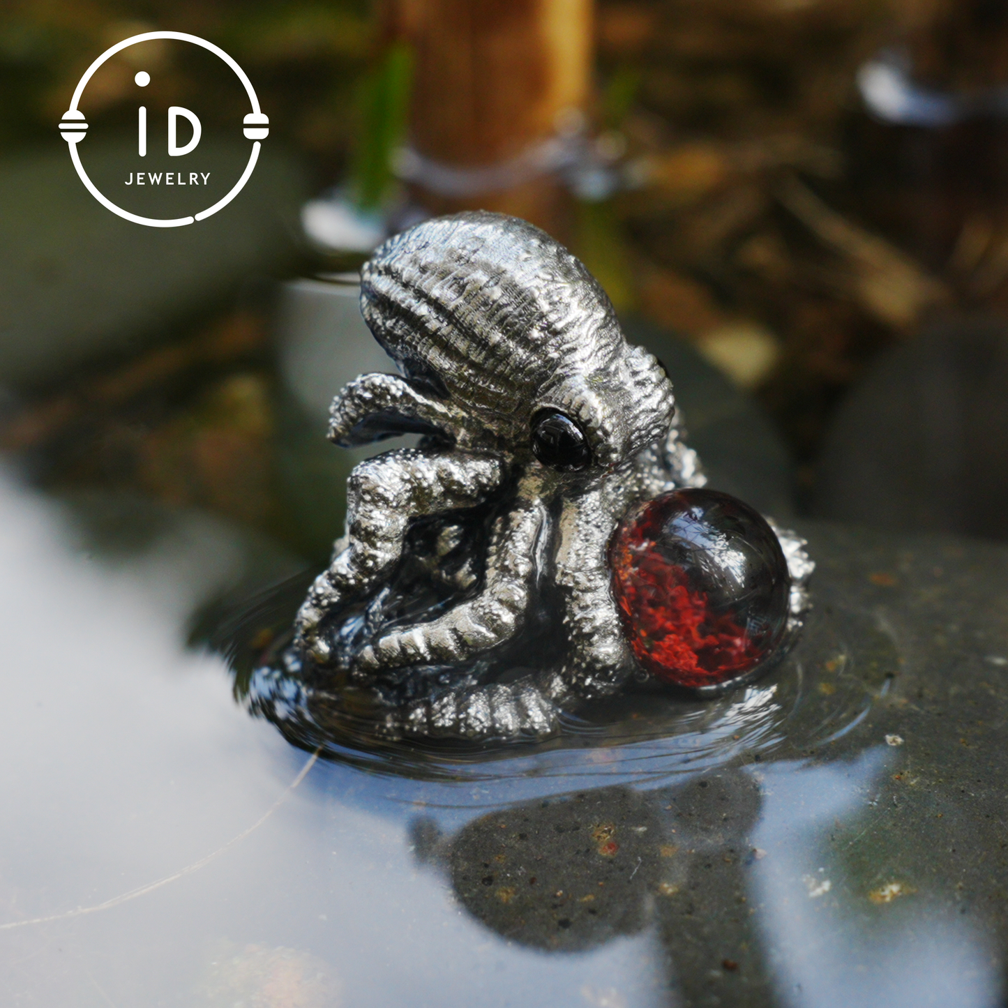 Ring im Oktopus-Design aus 925er Sterlingsilber mit Phantomstein – handgefertigter Fantasieschmuck für Sammler