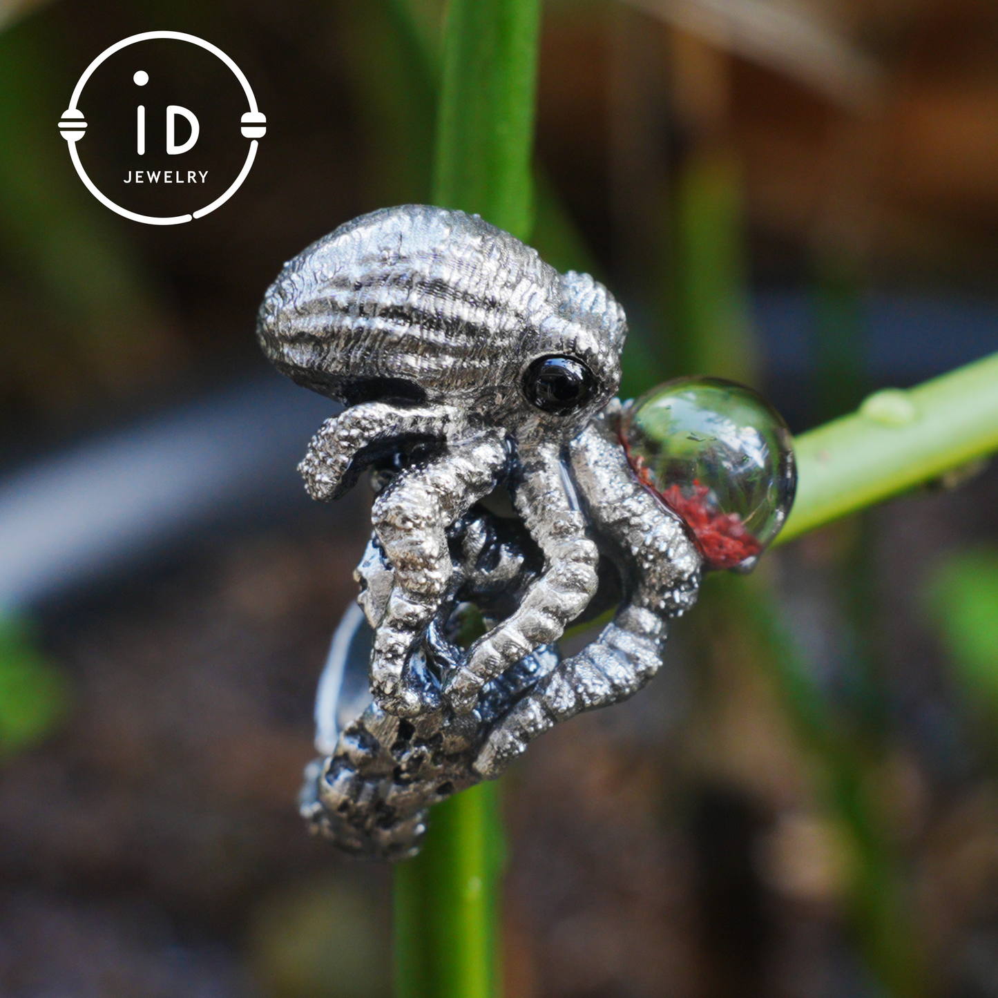 Ring im Oktopus-Design aus 925er Sterlingsilber mit Phantomstein – handgefertigter Fantasieschmuck für Sammler