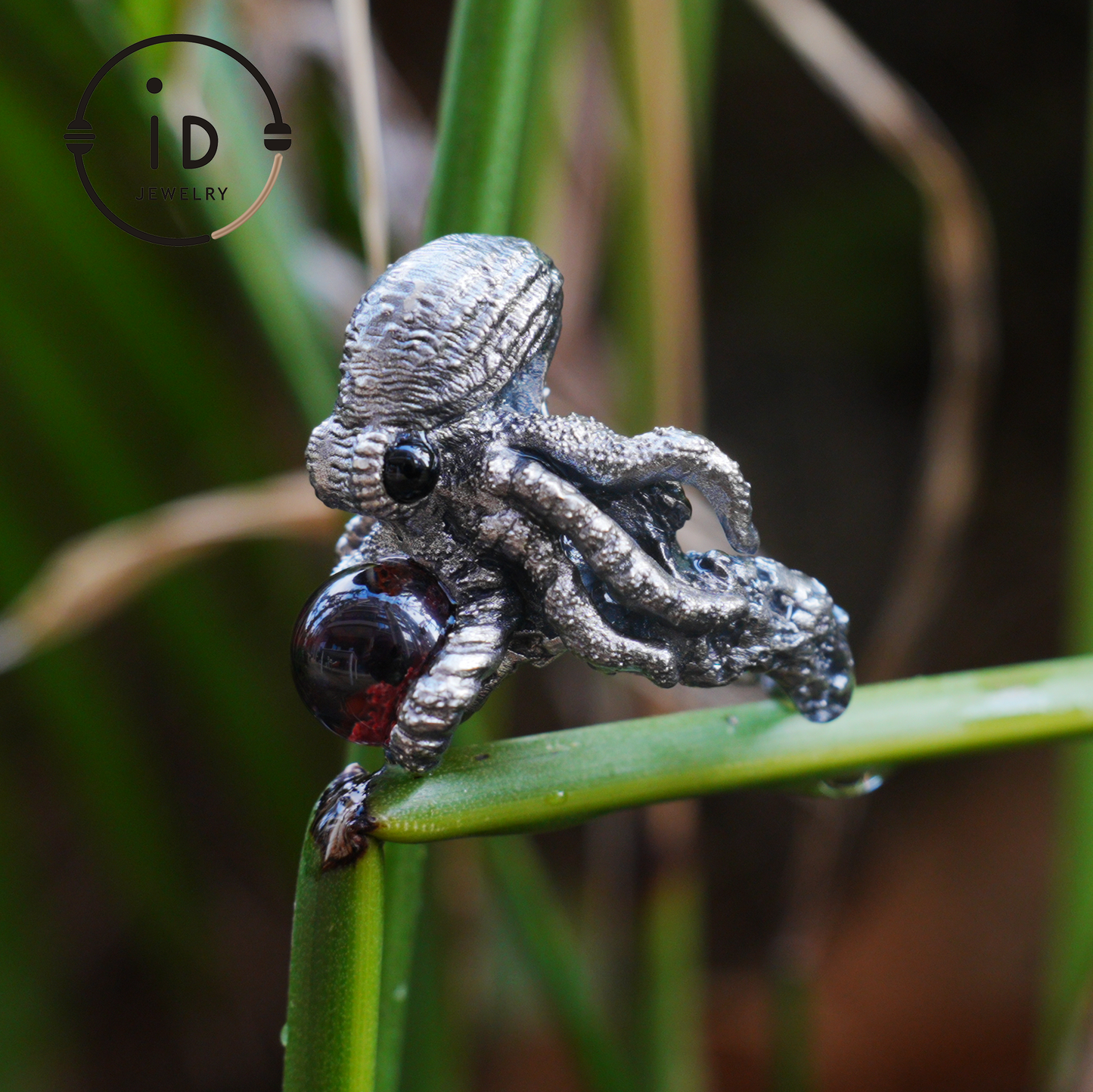 Ring im Oktopus-Design aus 925er Sterlingsilber mit Phantomstein – handgefertigter Fantasieschmuck für Sammler