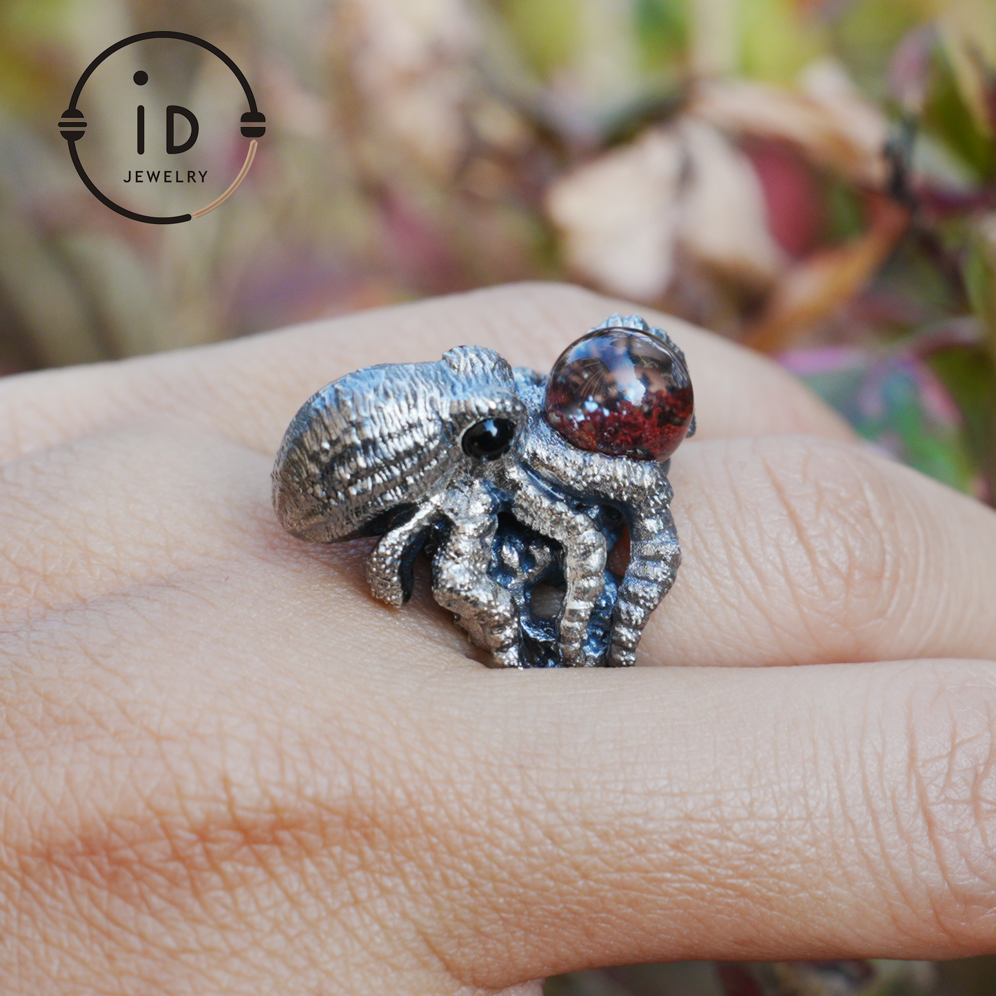 Ring im Oktopus-Design aus 925er Sterlingsilber mit Phantomstein – handgefertigter Fantasieschmuck für Sammler