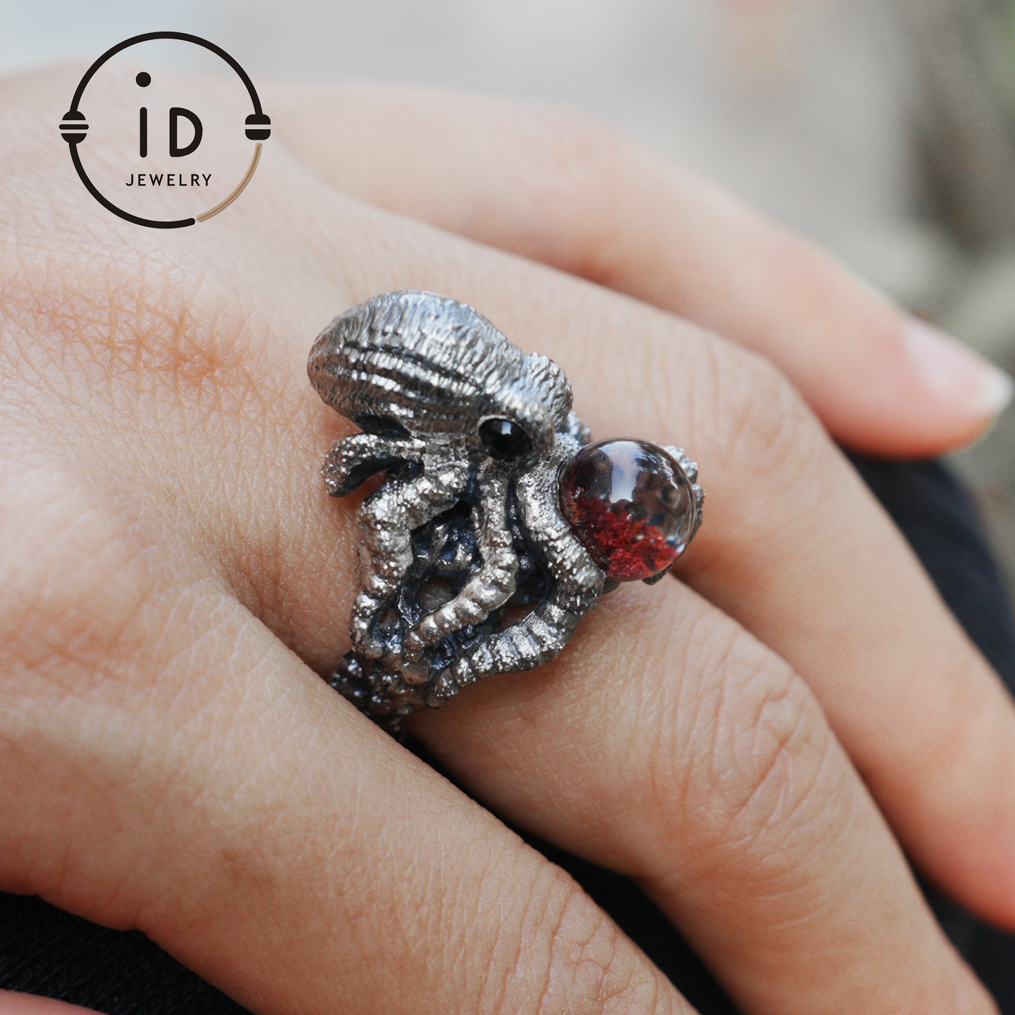 Ring im Oktopus-Design aus 925er Sterlingsilber mit Phantomstein – handgefertigter Fantasieschmuck für Sammler