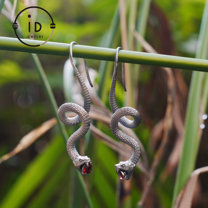 Garnet Earrings Silver Snake Design Gothic Style 925 Sterling Silver Oxidized Hook Handmade Jewelry Gift For Her Birthday Vintage Statement