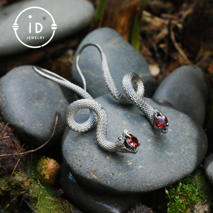 Garnet Earrings Silver Snake Design Gothic Style 925 Sterling Silver Oxidized Hook Handmade Jewelry Gift For Her Birthday Vintage Statement