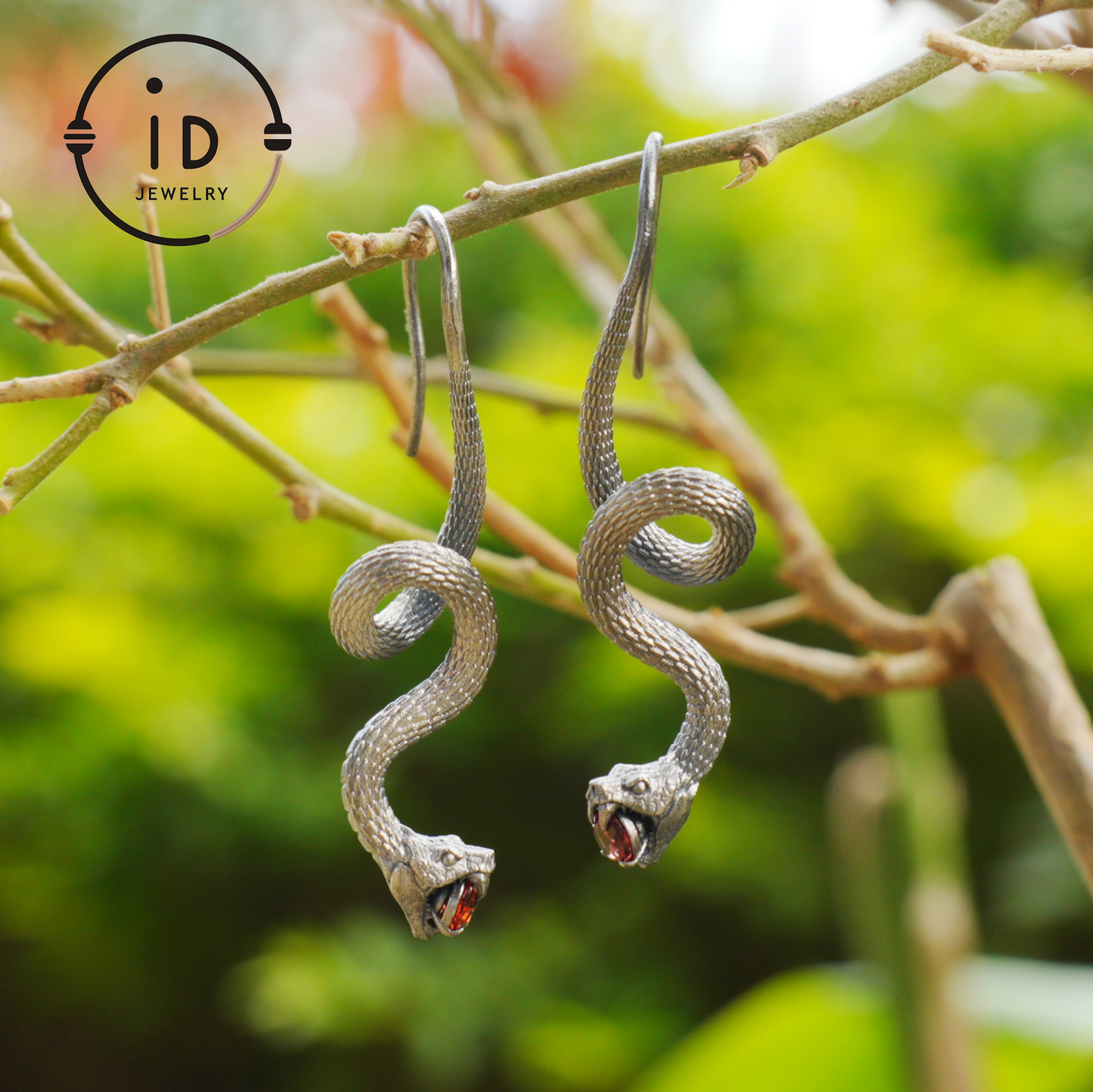 Garnet Earrings Silver Snake Design Gothic Style 925 Sterling Silver Oxidized Hook Handmade Jewelry Gift For Her Birthday Vintage Statement