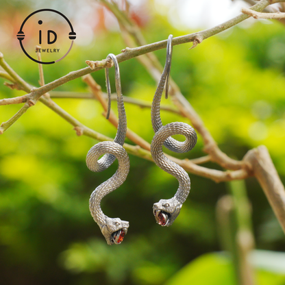 Garnet Earrings Silver Snake Design Gothic Style 925 Sterling Silver Oxidized Hook Handmade Jewelry Gift For Her Birthday Vintage Statement