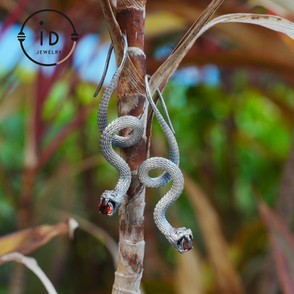 Garnet Earrings Silver Snake Design Gothic Style 925 Sterling Silver Oxidized Hook Handmade Jewelry Gift For Her Birthday Vintage Statement
