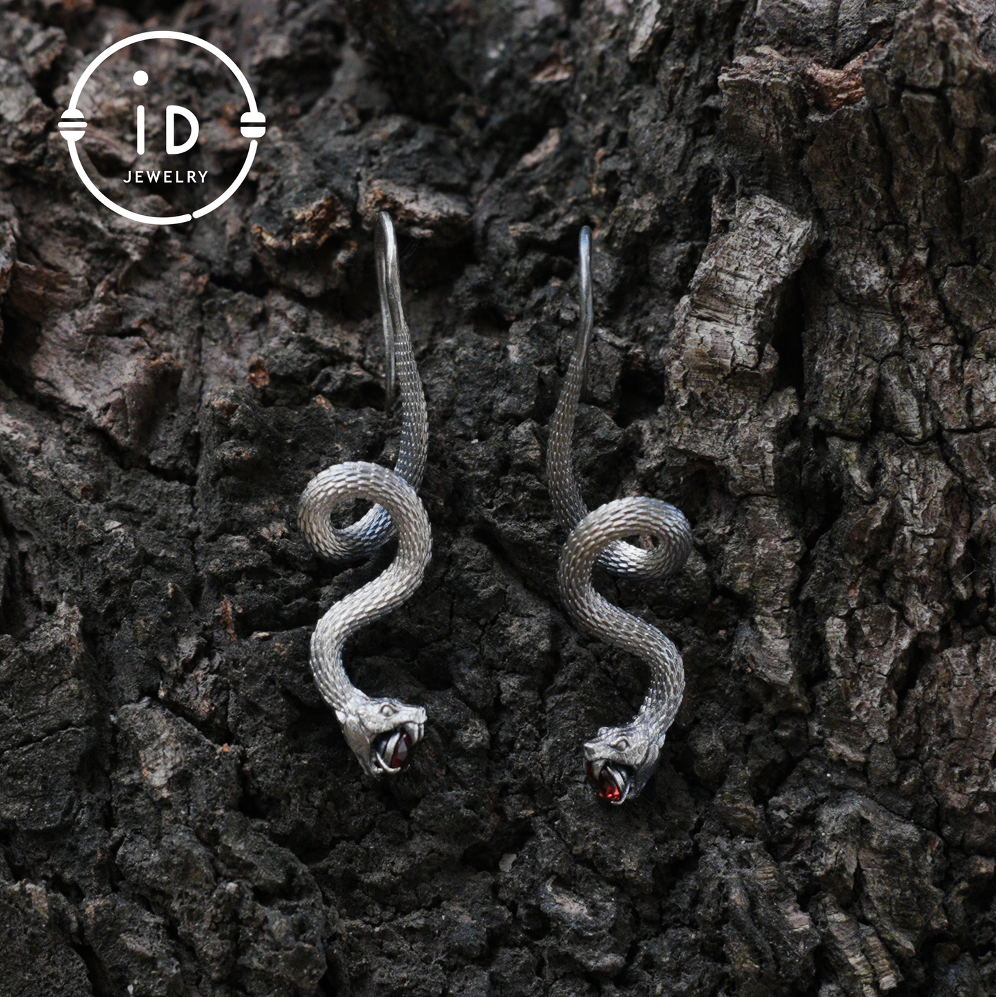 Garnet Earrings Silver Snake Design Gothic Style 925 Sterling Silver Oxidized Hook Handmade Jewelry Gift For Her Birthday Vintage Statement