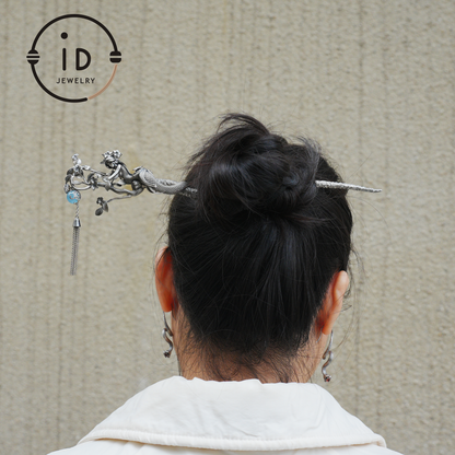 S925 Silver Snake Hair Stick with Blue Gemstone, Oxidized Floral Hairpin Symbolizing Wisdom and Rebirth, Mythical Gift for Her