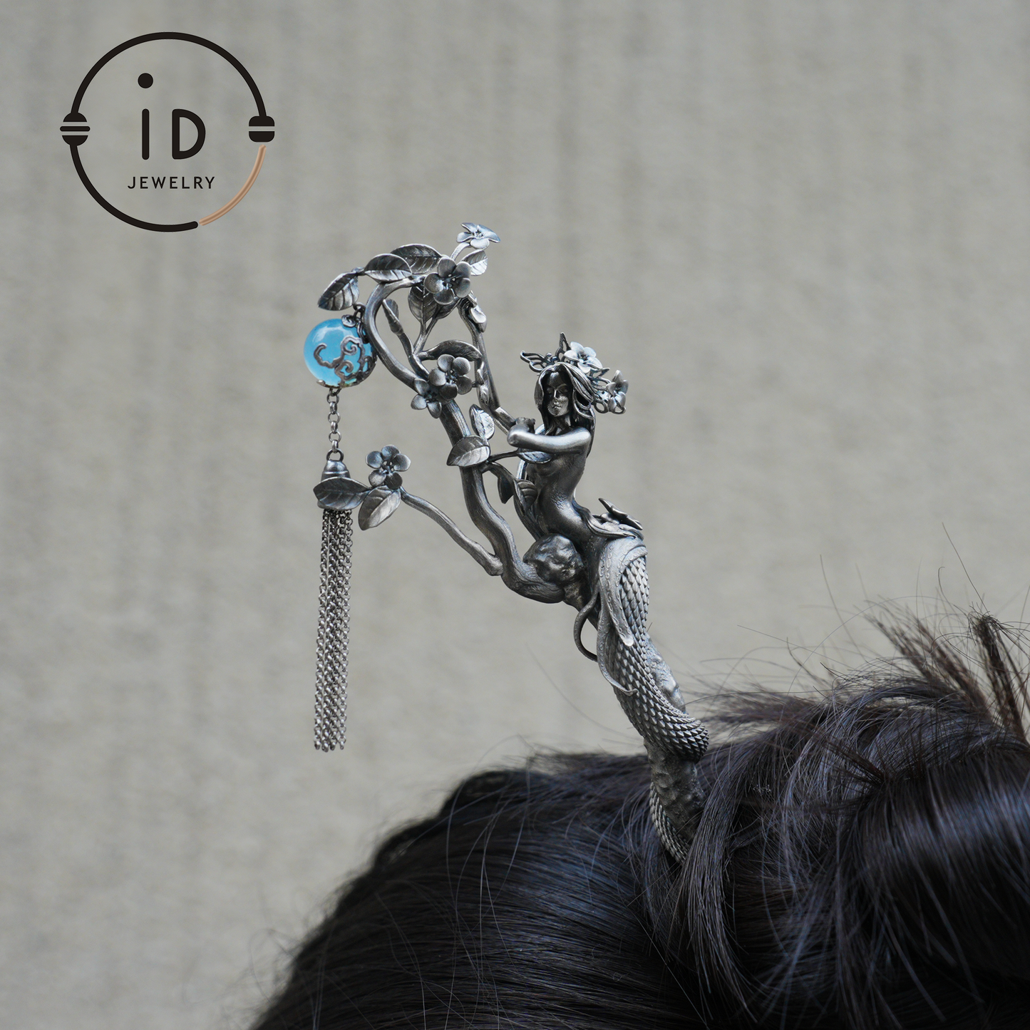 S925 Silver Snake Hair Stick with Blue Gemstone, Oxidized Floral Hairpin Symbolizing Wisdom and Rebirth, Mythical Gift for Her