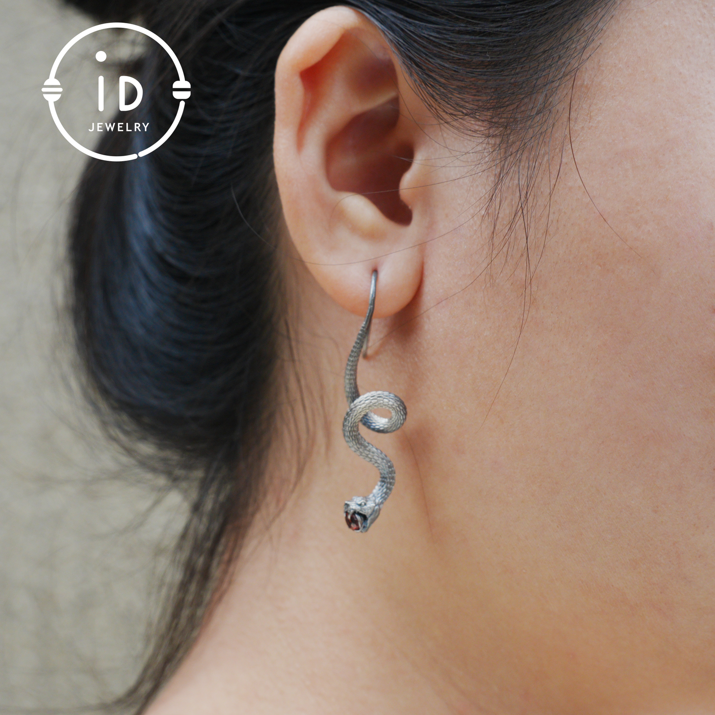 Garnet Earrings Silver Snake Design Gothic Style 925 Sterling Silver Oxidized Hook Handmade Jewelry Gift For Her Birthday Vintage Statement