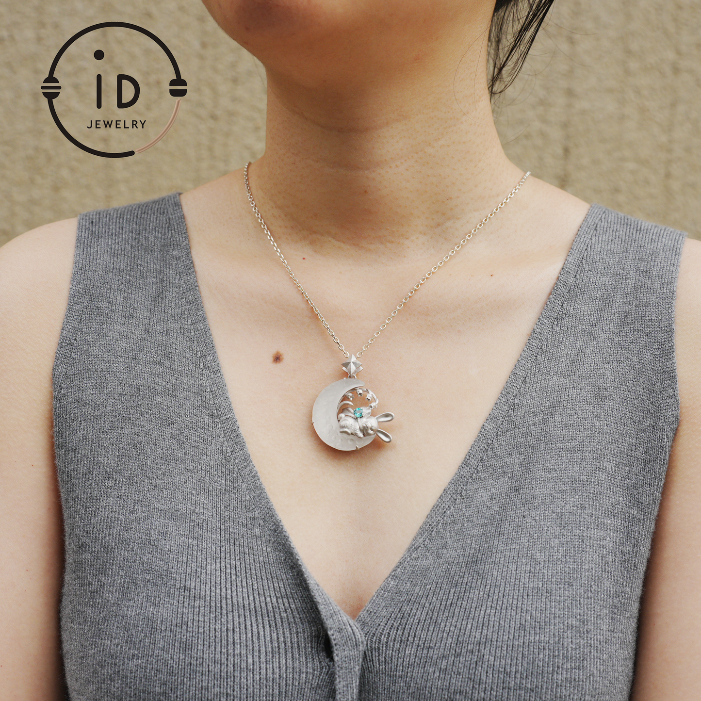 Blue Topaz Bunny and Moon Pendant in 925 Sterling Silver, Fairytale Animal Necklace for Women, Gift for Her Birthday or Mother's Day