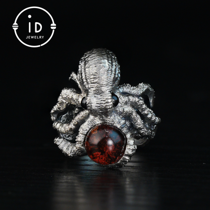 Ring im Oktopus-Design aus 925er Sterlingsilber mit Phantomstein – handgefertigter Fantasieschmuck für Sammler