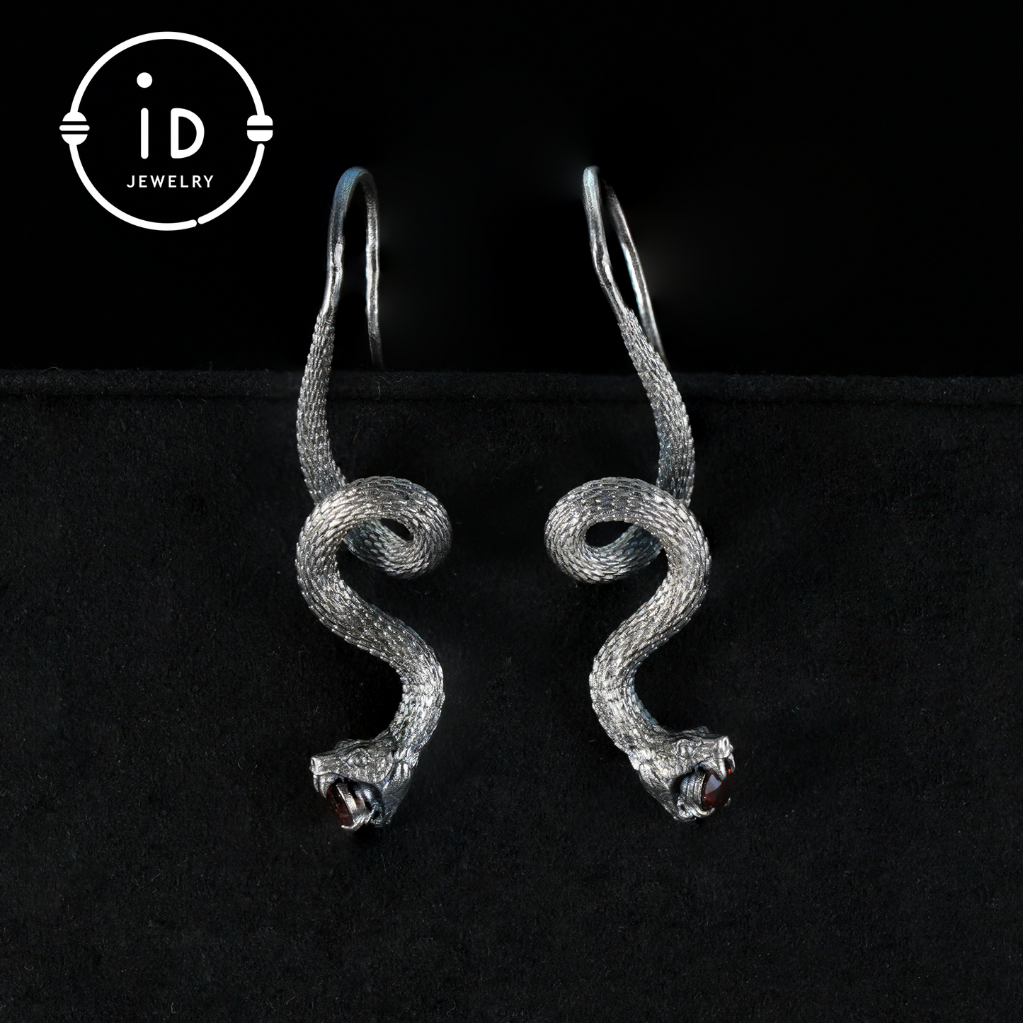 Garnet Earrings Silver Snake Design Gothic Style 925 Sterling Silver Oxidized Hook Handmade Jewelry Gift For Her Birthday Vintage Statement