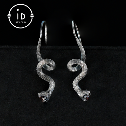Garnet Earrings Silver Snake Design Gothic Style 925 Sterling Silver Oxidized Hook Handmade Jewelry Gift For Her Birthday Vintage Statement