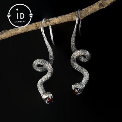 Garnet Earrings Silver Snake Design Gothic Style 925 Sterling Silver Oxidized Hook Handmade Jewelry Gift For Her Birthday Vintage Statement
