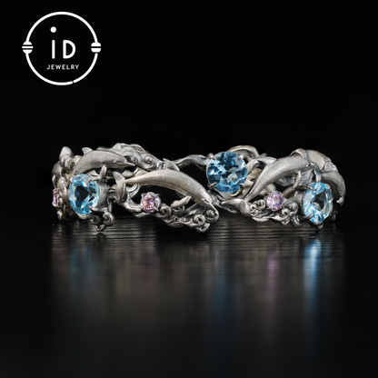 Blue Topaz Dolphin Cuff Bracelet in 925 Sterling Silver, Vintage Totem Style Nature Jewelry Gift for Her, Birthday or Ocean Inspired Look