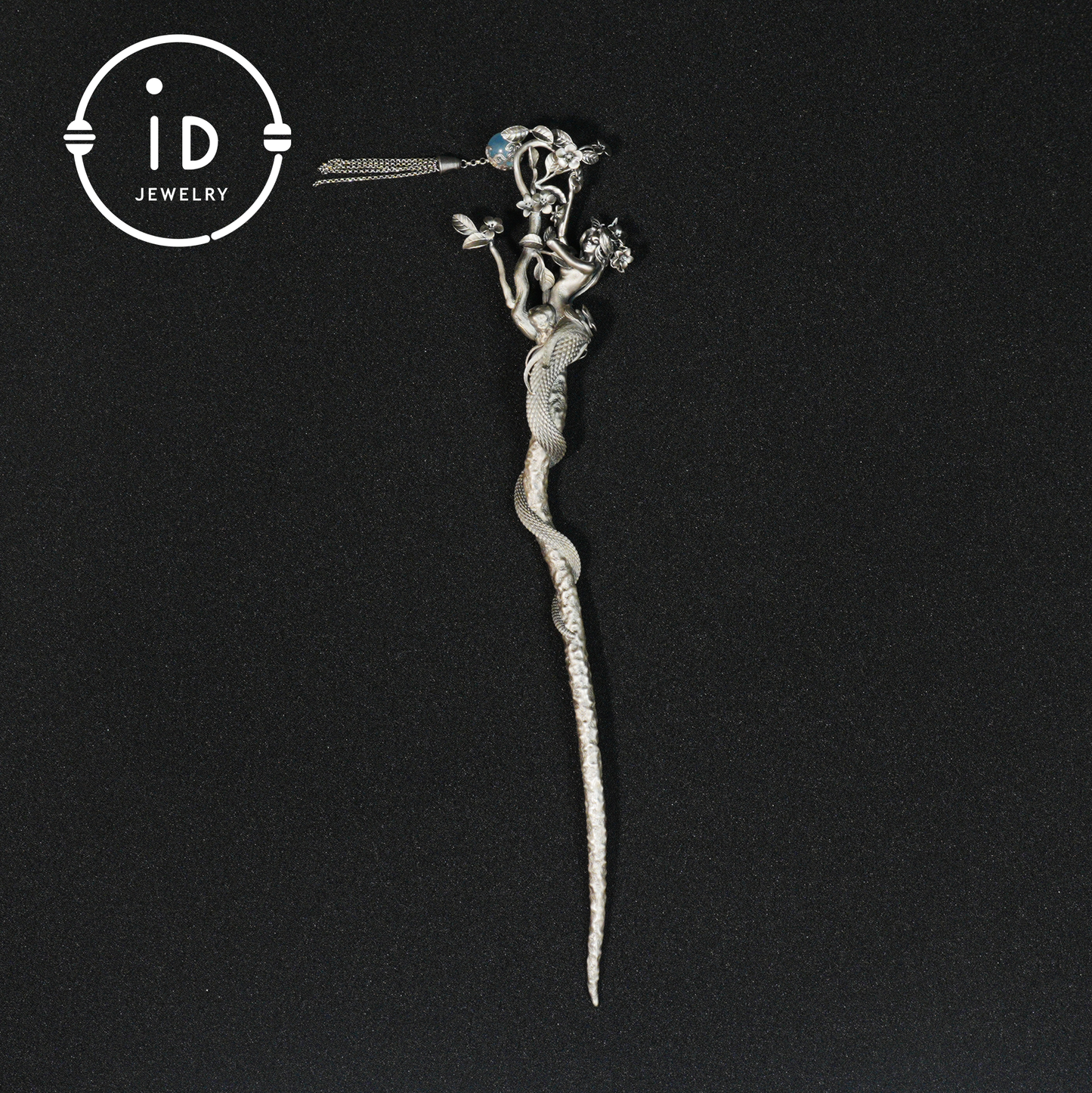 S925 Silver Snake Hair Stick with Blue Gemstone, Oxidized Floral Hairpin Symbolizing Wisdom and Rebirth, Mythical Gift for Her