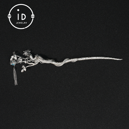 S925 Silver Snake Hair Stick with Blue Gemstone, Oxidized Floral Hairpin Symbolizing Wisdom and Rebirth, Mythical Gift for Her