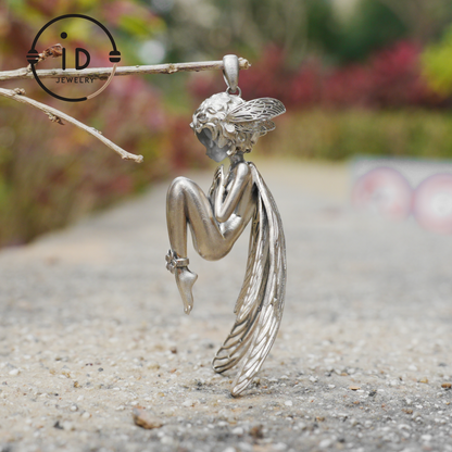 S925 Silver Elf Pendant Necklace with White Crystal, Gothic Vintage Fairy Tale Jewelry Fantasy Talisman Amulet Gift for Her Birthday or Yule