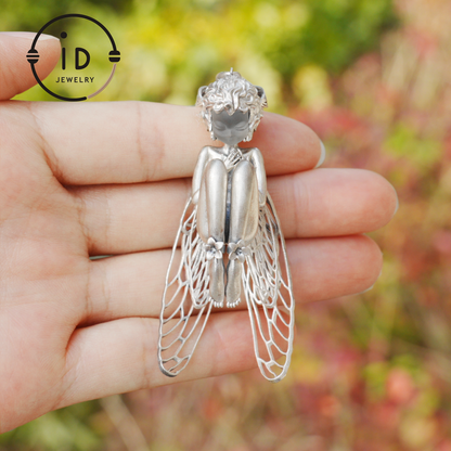 S925 Silver Elf Pendant Necklace with White Crystal, Gothic Vintage Fairy Tale Jewelry Fantasy Talisman Amulet Gift for Her Birthday or Yule