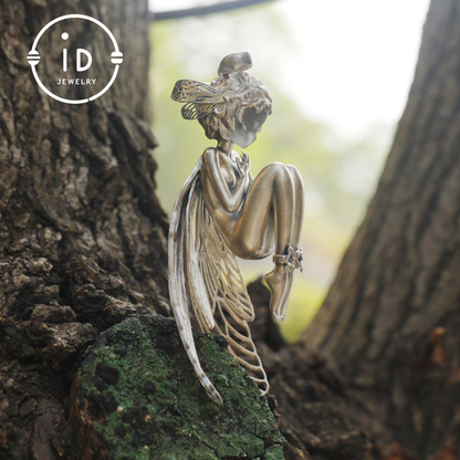 S925 Silver Elf Pendant Necklace with White Crystal, Gothic Vintage Fairy Tale Jewelry Fantasy Talisman Amulet Gift for Her Birthday or Yule