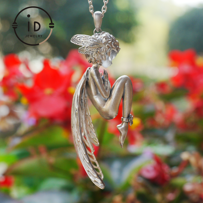 S925 Silver Elf Pendant Necklace with White Crystal, Gothic Vintage Fairy Tale Jewelry Fantasy Talisman Amulet Gift for Her Birthday or Yule