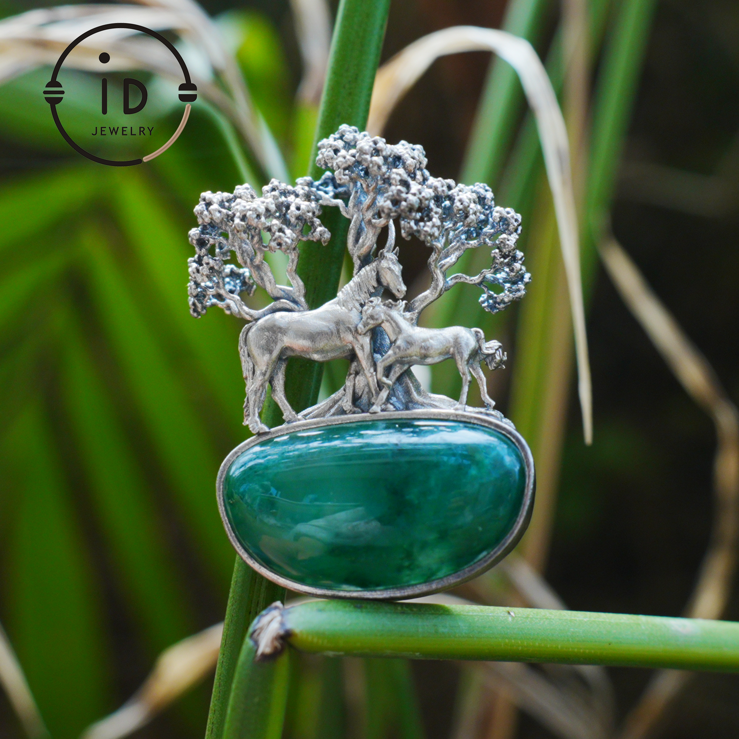 S925 Sterling Silver Pendant with Mare and Foal on African Green Stone, Fairy Talisman Necklace Vintage Gift for Her Birthday
