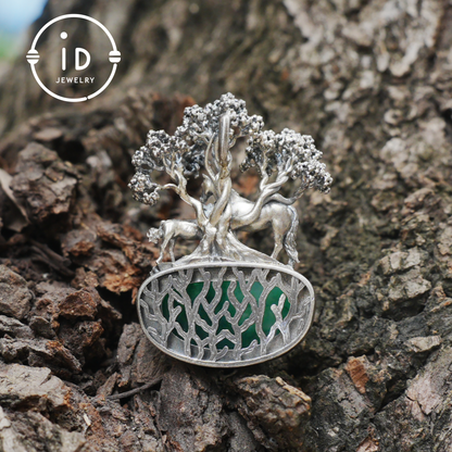 S925 Sterling Silver Pendant with Mare and Foal on African Green Stone, Fairy Talisman Necklace Vintage Gift for Her Birthday