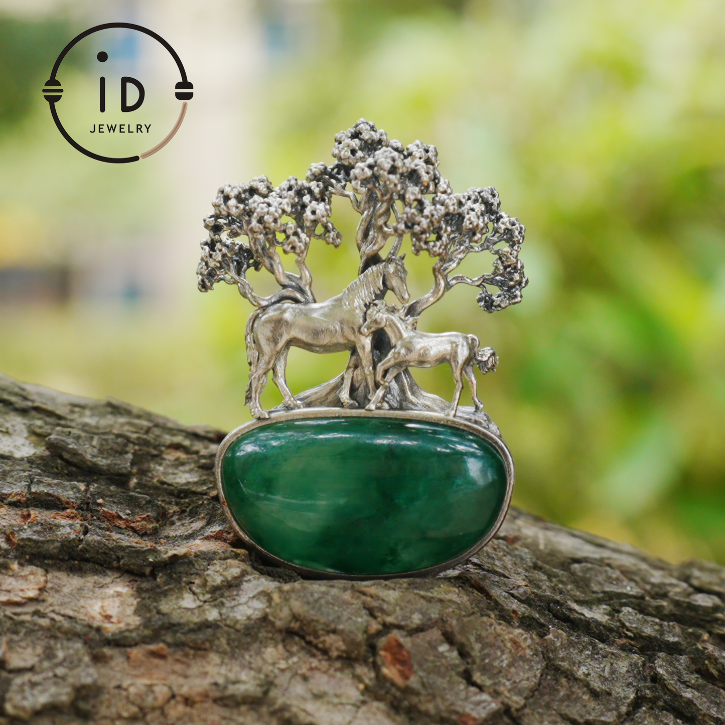 S925 Sterling Silver Pendant with Mare and Foal on African Green Stone, Fairy Talisman Necklace Vintage Gift for Her Birthday
