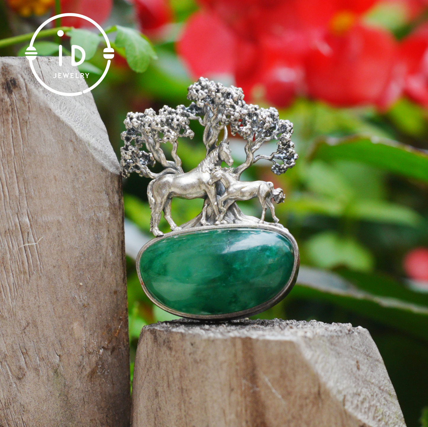 S925 Sterling Silver Pendant with Mare and Foal on African Green Stone, Fairy Talisman Necklace Vintage Gift for Her Birthday