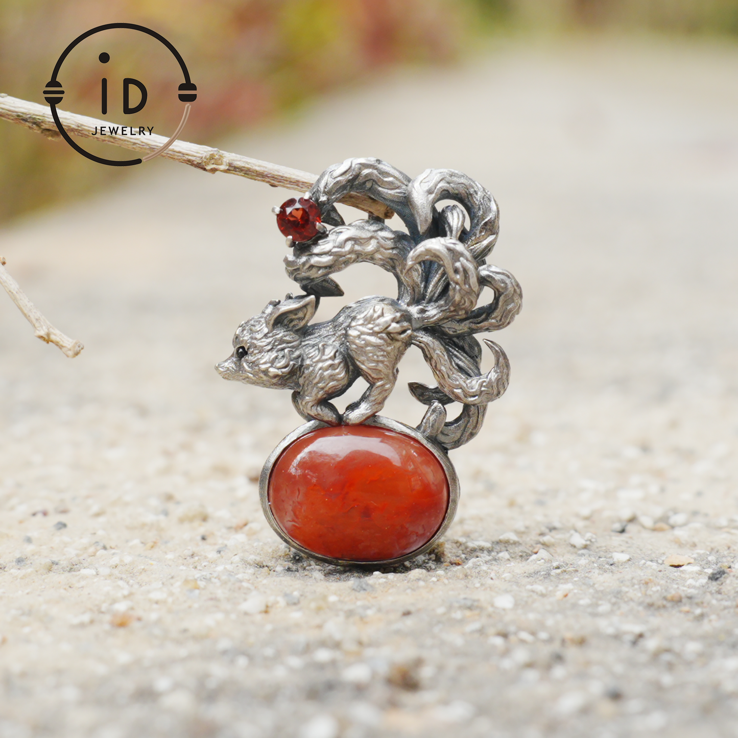Red Agate Garnet Fox Pendant in Oxidized 925 Silver Necklace Gothic Totem Jewelry Mystic Animal Talisman Gift for Her Birthday or Christmas