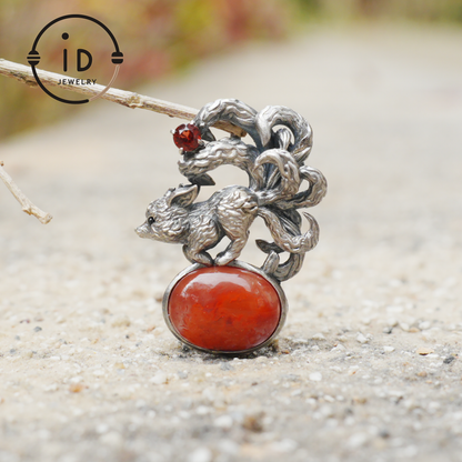 Red Agate Garnet Fox Pendant in Oxidized 925 Silver Necklace Gothic Totem Jewelry Mystic Animal Talisman Gift for Her Birthday or Christmas