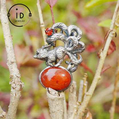 Red Agate Garnet Fox Pendant in Oxidized 925 Silver Necklace Gothic Totem Jewelry Mystic Animal Talisman Gift for Her Birthday or Christmas