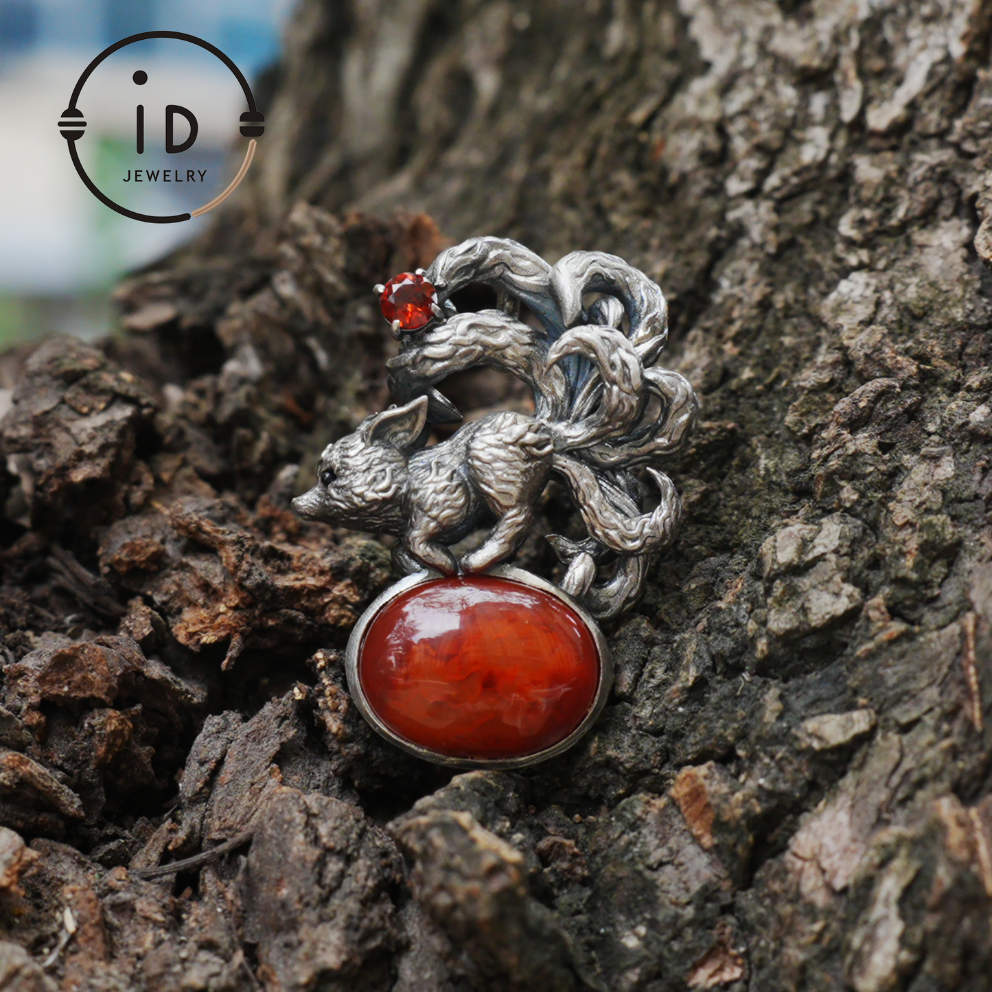 Red Agate Garnet Fox Pendant in Oxidized 925 Silver Necklace Gothic Totem Jewelry Mystic Animal Talisman Gift for Her Birthday or Christmas