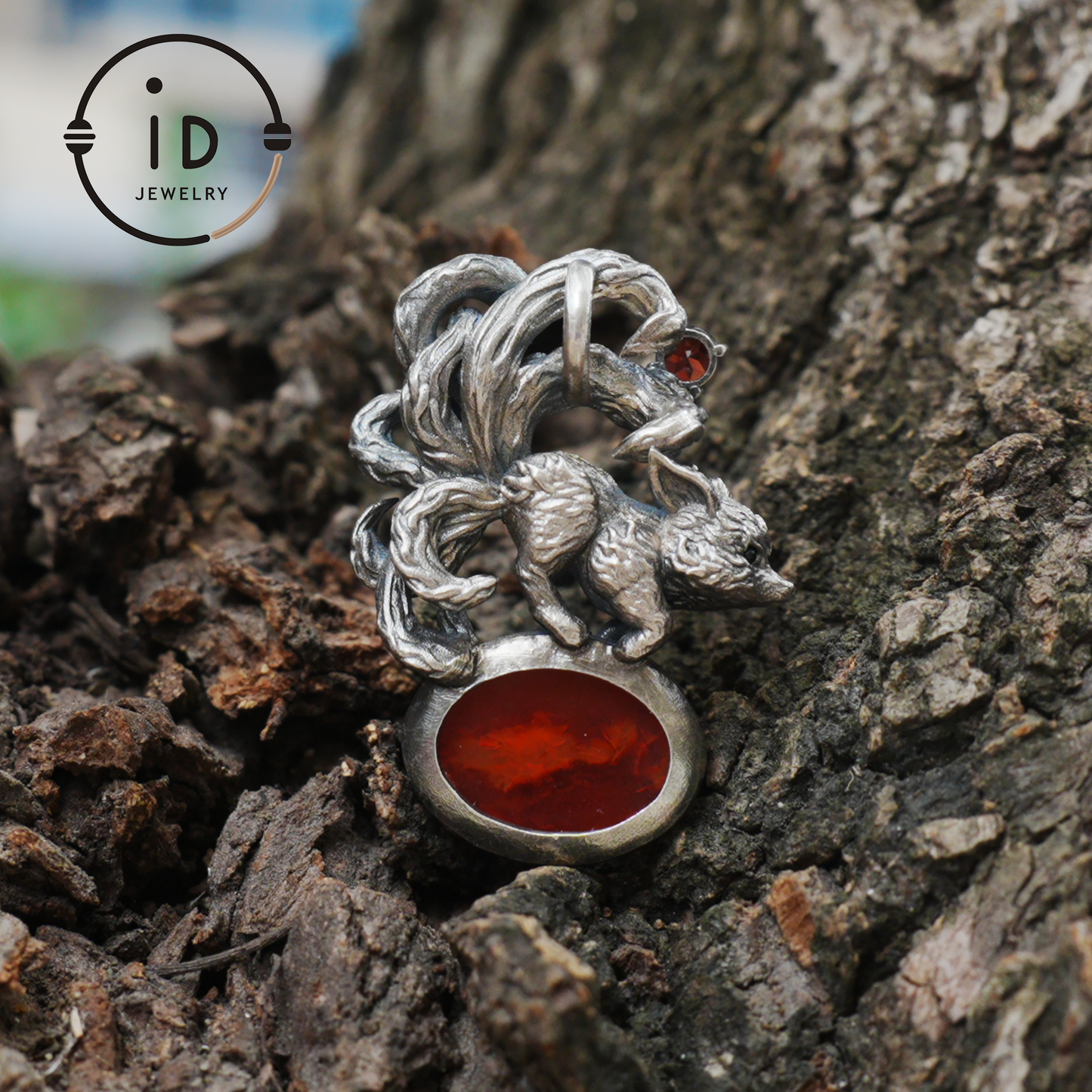 Red Agate Garnet Fox Pendant in Oxidized 925 Silver Necklace Gothic Totem Jewelry Mystic Animal Talisman Gift for Her Birthday or Christmas