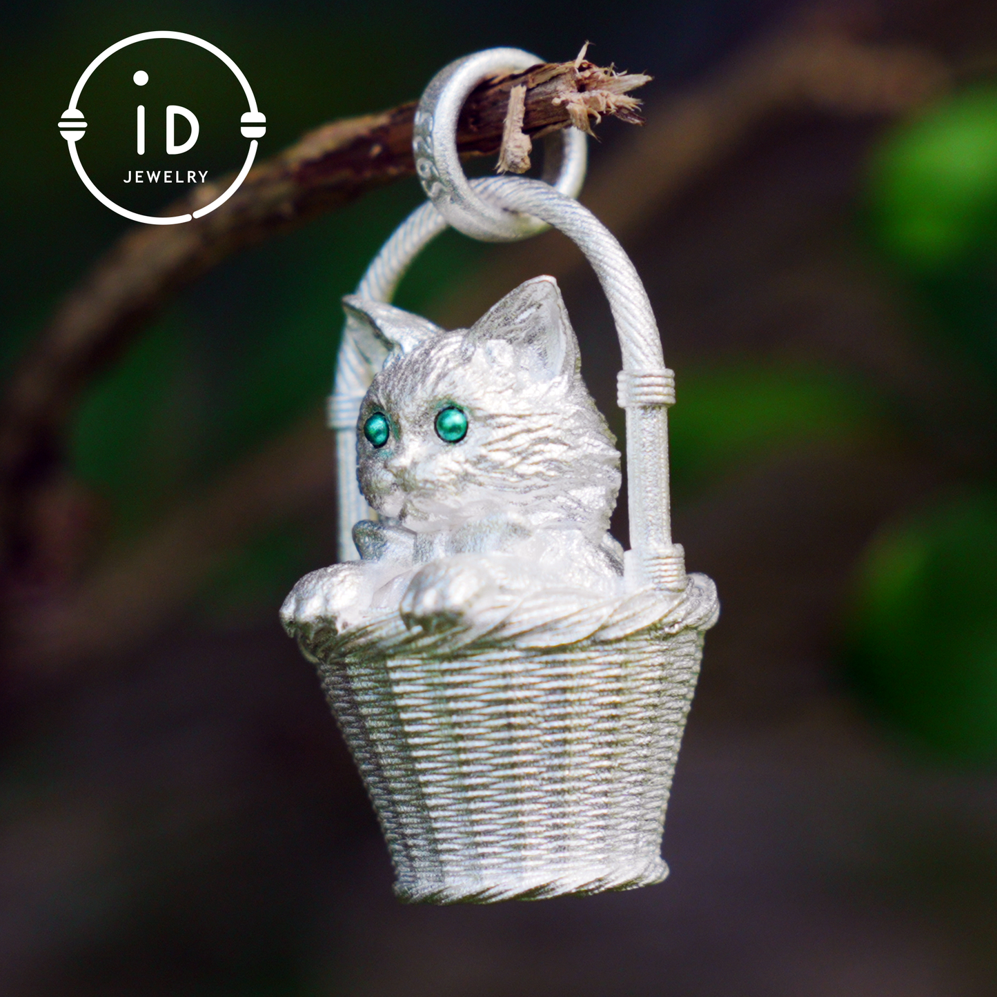 Handgefertigte Halskette mit Kätzchen-Anhänger aus 925er Silber | Grünäugige Wächterkatze | Glücks- und Trost-Talisman-Schmuck | Geschenk für Katzenliebhaber