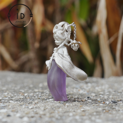 Amethyst Pendant in 925 Sterling Silver – Hanfu Girl Necklace with Bud Flower Design | Fantasy Asian Totem Jewelry | Gift for Her