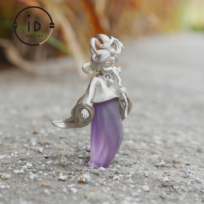 Amethyst Pendant in 925 Sterling Silver – Hanfu Girl Necklace with Bud Flower Design | Fantasy Asian Totem Jewelry | Gift for Her