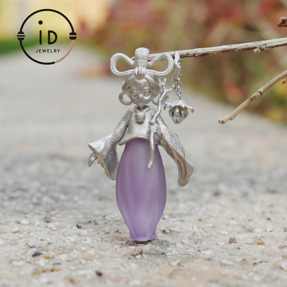Amethyst Pendant in 925 Sterling Silver – Hanfu Girl Necklace with Bud Flower Design | Fantasy Asian Totem Jewelry | Gift for Her