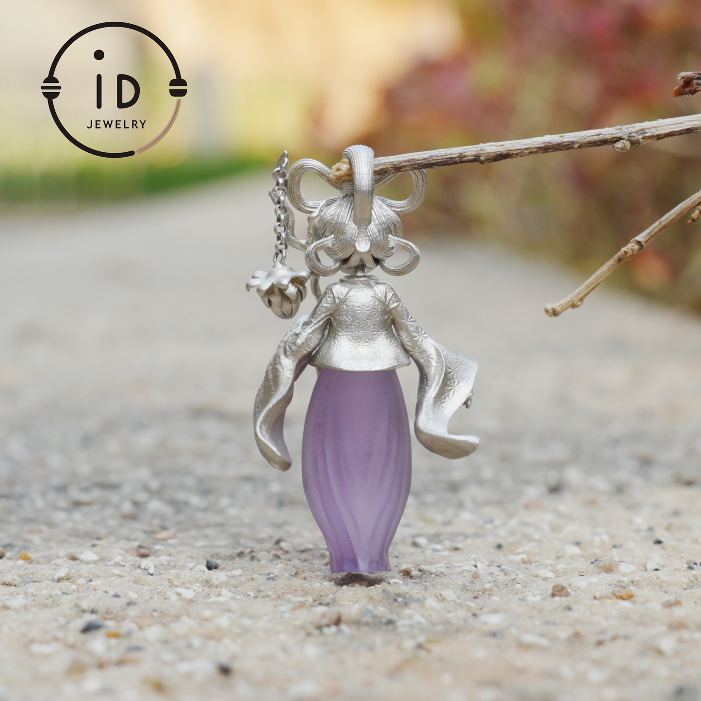 Amethyst Pendant in 925 Sterling Silver – Hanfu Girl Necklace with Bud Flower Design | Fantasy Asian Totem Jewelry | Gift for Her