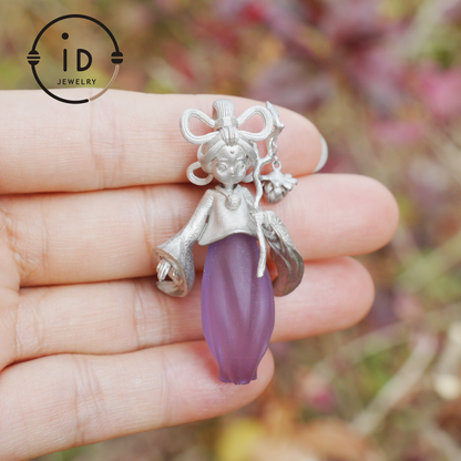 Amethyst Pendant in 925 Sterling Silver – Hanfu Girl Necklace with Bud Flower Design | Fantasy Asian Totem Jewelry | Gift for Her